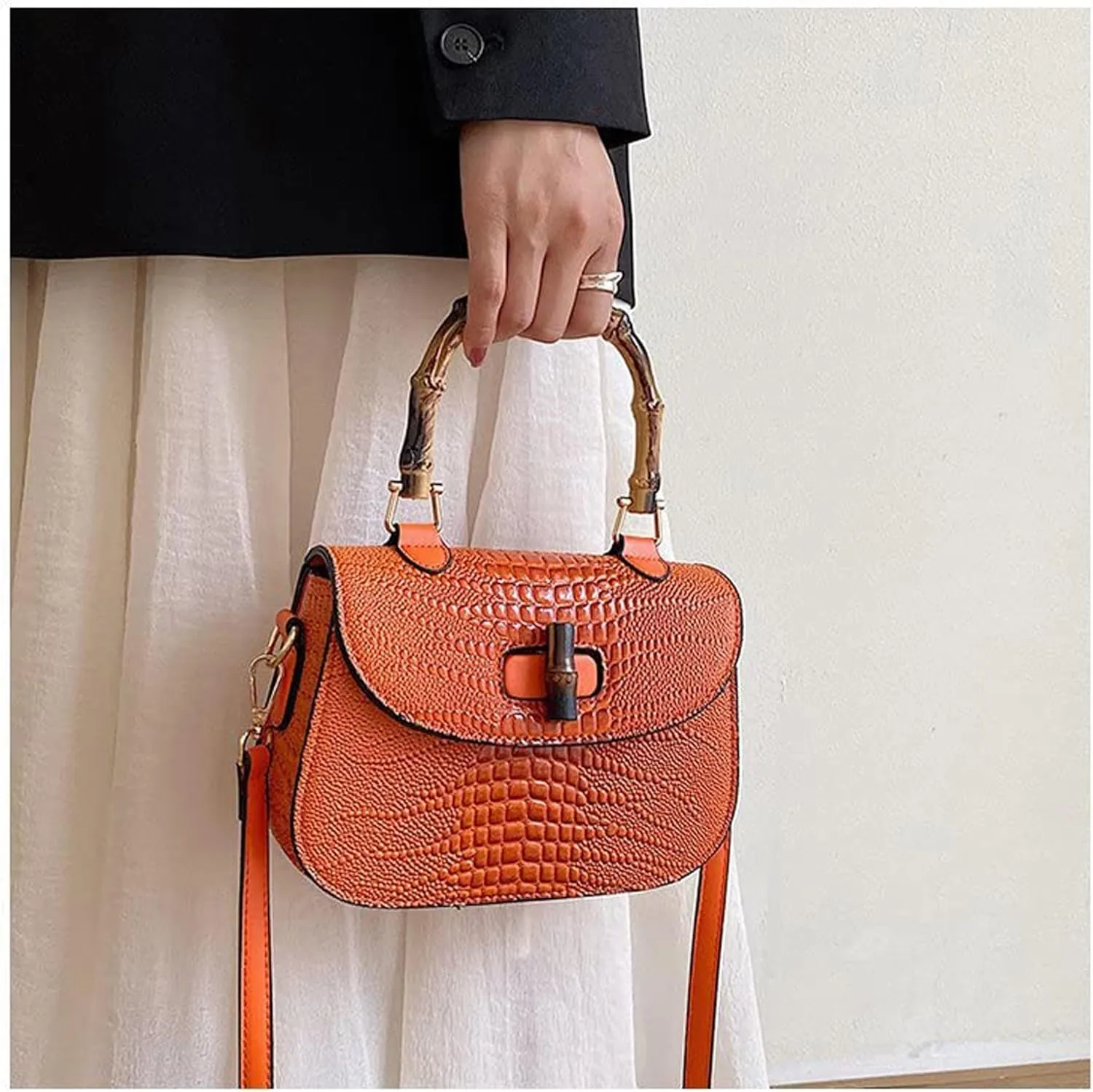 Women Handbag artificial leather Bamboo Top handle Crossbody bag Elegant Purse Evening bag Gift for Women Handmade