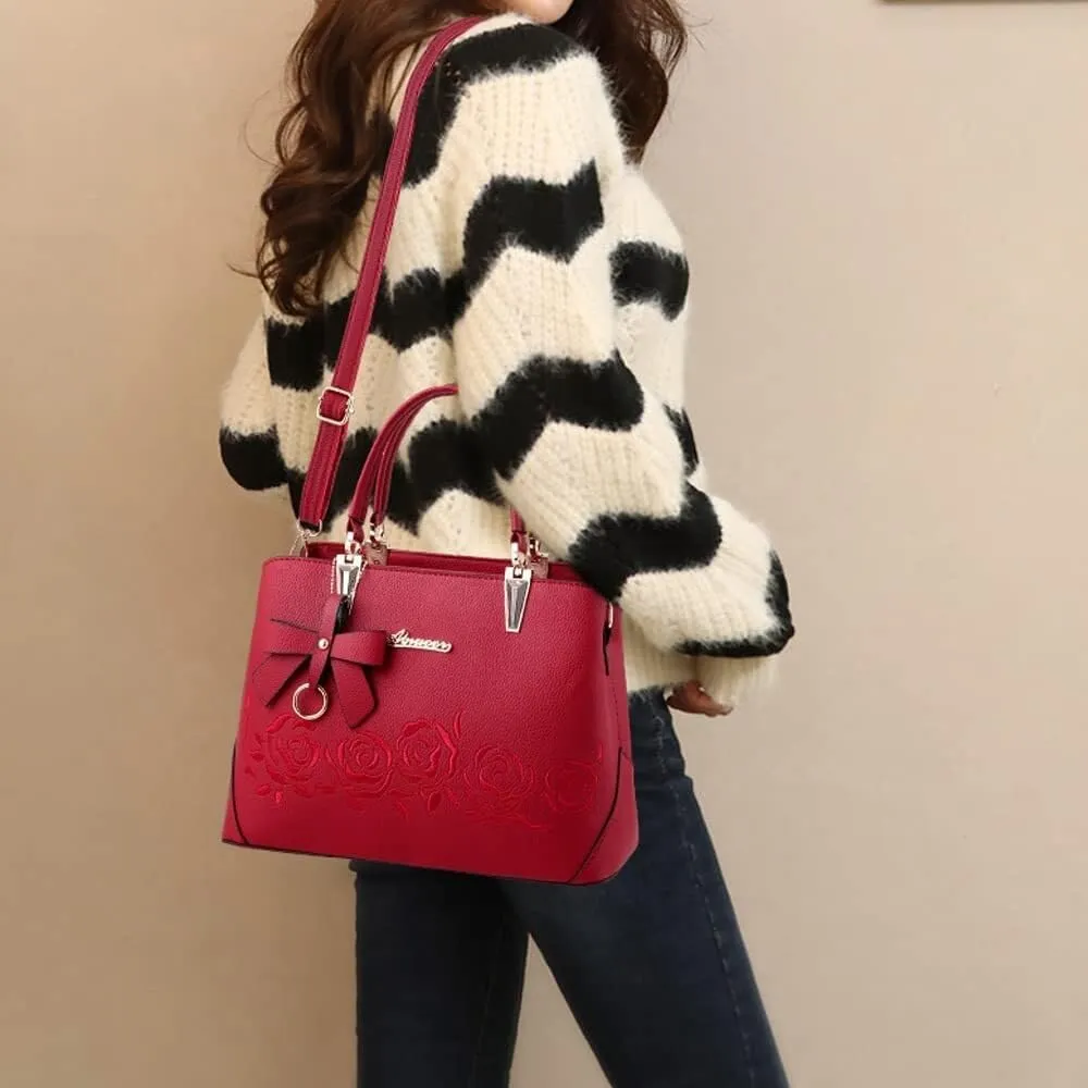 Women Handbags Faux Leather Satchel Flower Embroidery Crossbody Shoulder Purse Medium Tote Bags Top Handle