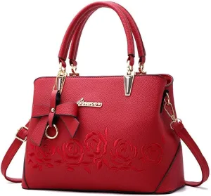 Women Handbags Faux Leather Satchel Flower Embroidery Crossbody Shoulder Purse Medium Tote Bags Top Handle