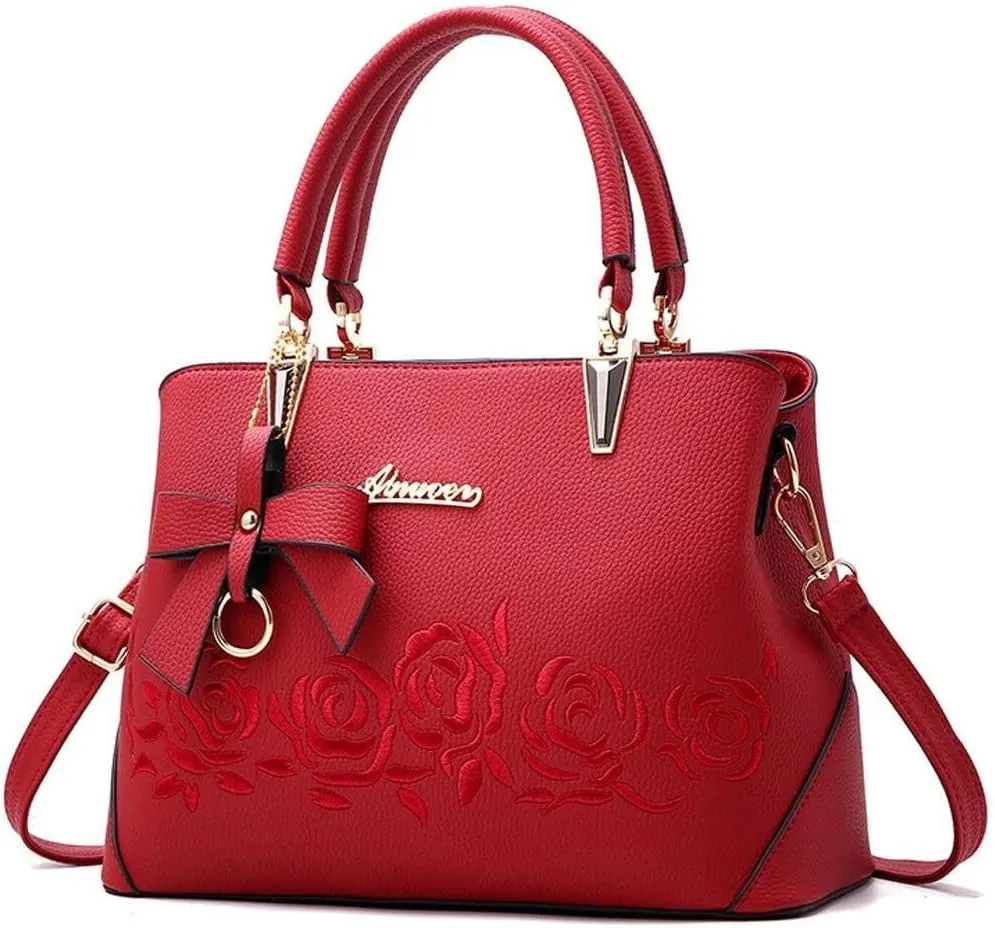 Women Handbags Faux Leather Satchel Flower Embroidery Crossbody Shoulder Purse Medium Tote Bags Top Handle