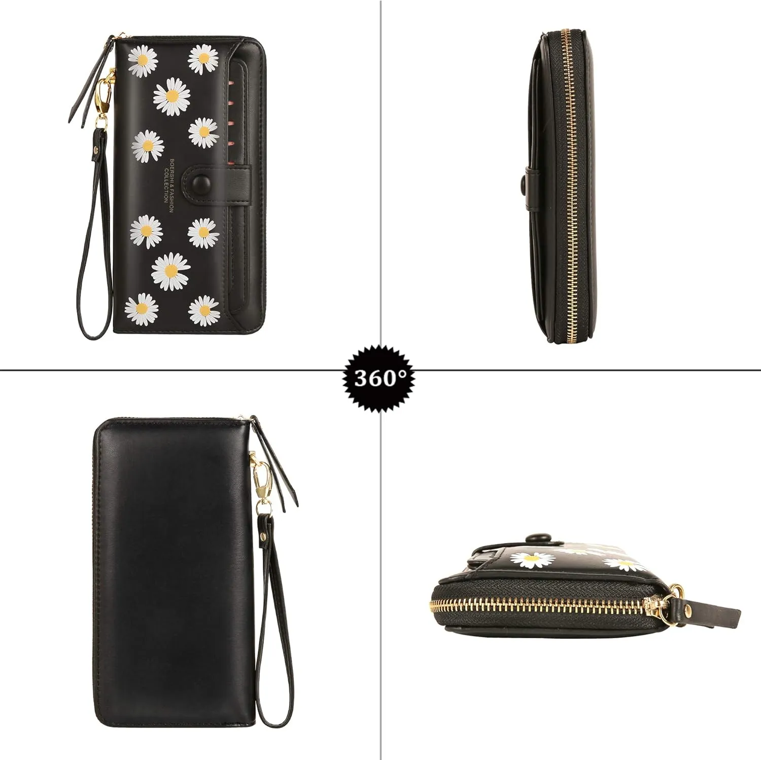 Women Leather Wallet RFID Blocking Zipper Pocket Wallet Card Case Purse with ID Window