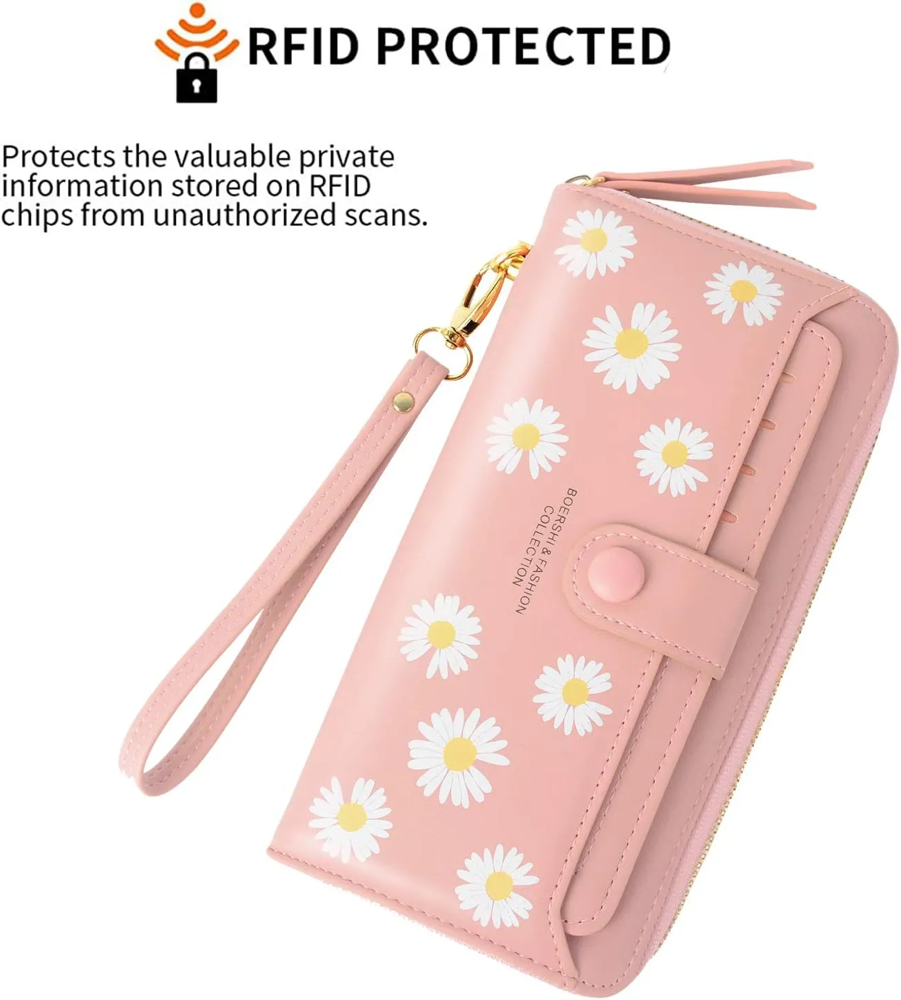 Women Leather Wallet RFID Blocking Zipper Pocket Wallet Card Case Purse with ID Window