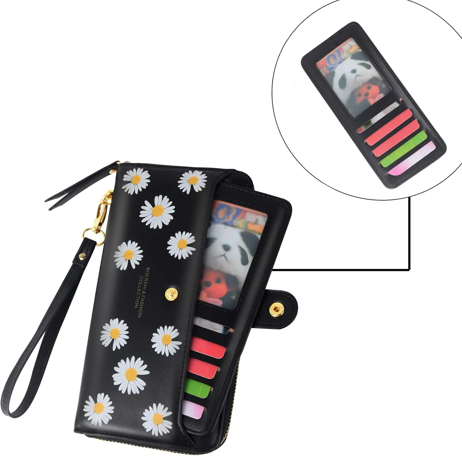Women Leather Wallet RFID Blocking Zipper Pocket Wallet Card Case Purse with ID Window