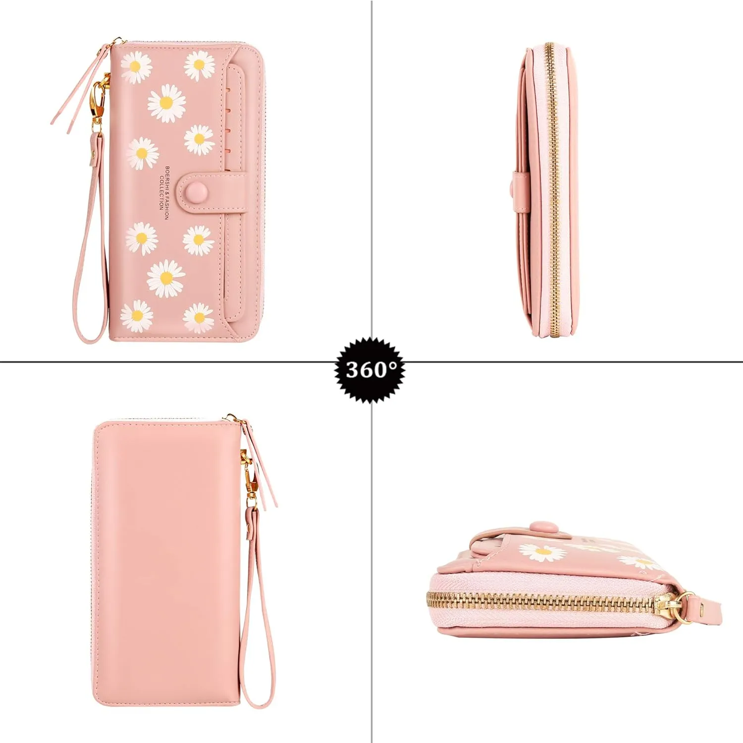 Women Leather Wallet RFID Blocking Zipper Pocket Wallet Card Case Purse with ID Window