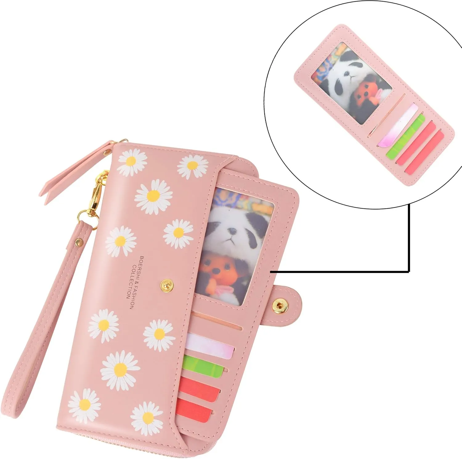 Women Leather Wallet RFID Blocking Zipper Pocket Wallet Card Case Purse with ID Window