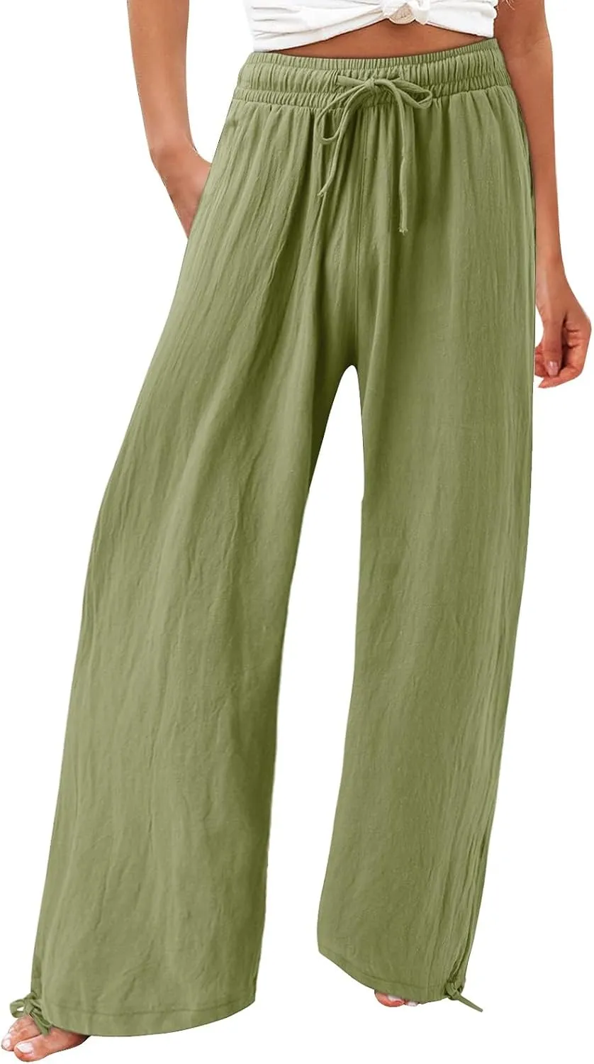 Women Linen Palazzo Pants Summer Comfy Flowy Wide Leg High Waist Casual Loose Beach Lounge Pant Trouser