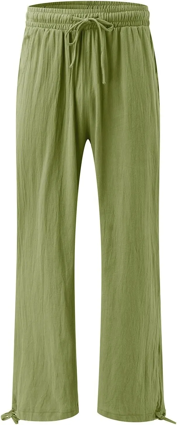 Women Linen Palazzo Pants Summer Comfy Flowy Wide Leg High Waist Casual Loose Beach Lounge Pant Trouser