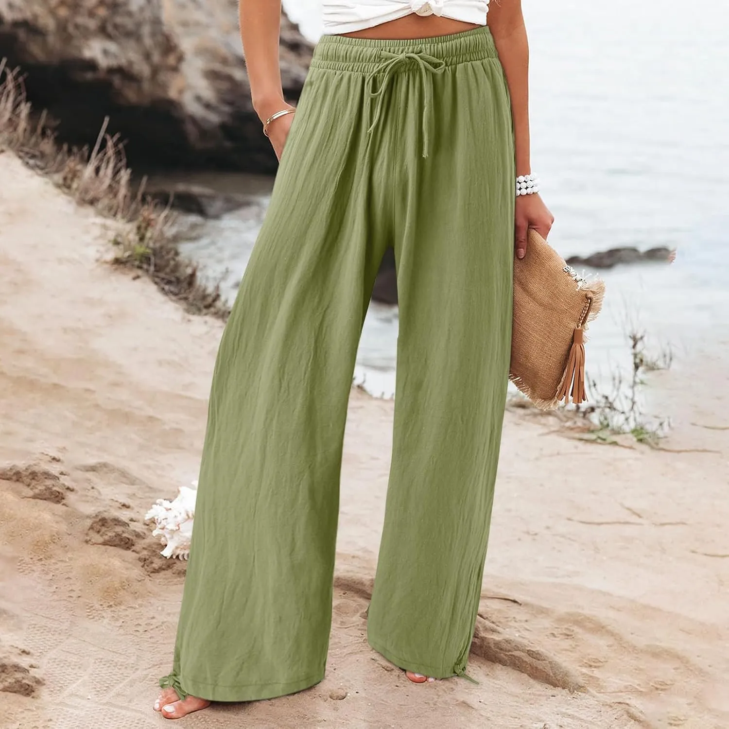 Women Linen Palazzo Pants Summer Comfy Flowy Wide Leg High Waist Casual Loose Beach Lounge Pant Trouser