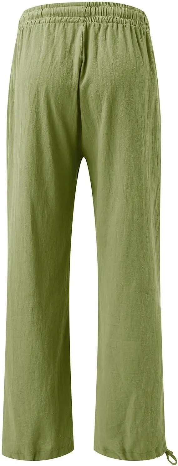 Women Linen Palazzo Pants Summer Comfy Flowy Wide Leg High Waist Casual Loose Beach Lounge Pant Trouser