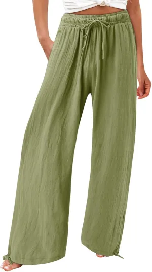 Women Linen Palazzo Pants Summer Comfy Flowy Wide Leg High Waist Casual Loose Beach Lounge Pant Trouser