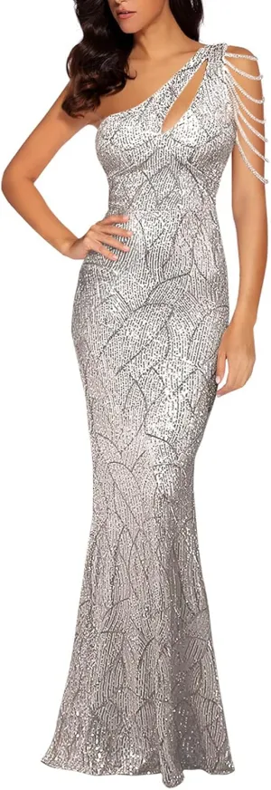 Women One Shoulder 1920s Plus Size Formal Dress Tassels Sleeve Sequins Gatsby Maxi Evening Gown