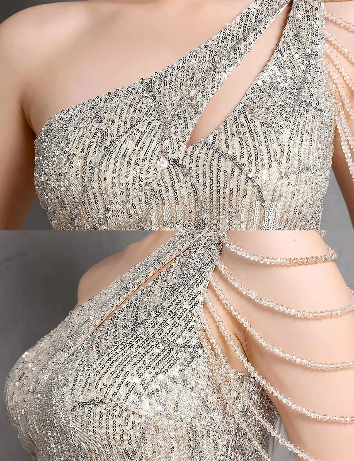 Women One Shoulder 1920s Plus Size Formal Dress Tassels Sleeve Sequins Gatsby Maxi Evening Gown
