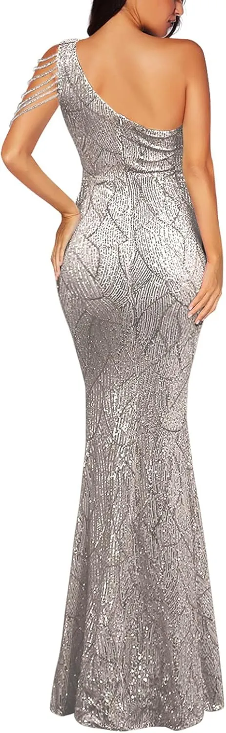 Women One Shoulder 1920s Plus Size Formal Dress Tassels Sleeve Sequins Gatsby Maxi Evening Gown