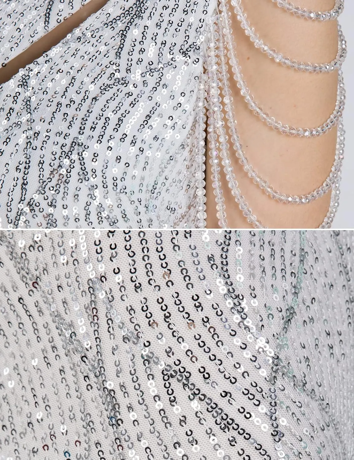 Women One Shoulder 1920s Plus Size Formal Dress Tassels Sleeve Sequins Gatsby Maxi Evening Gown