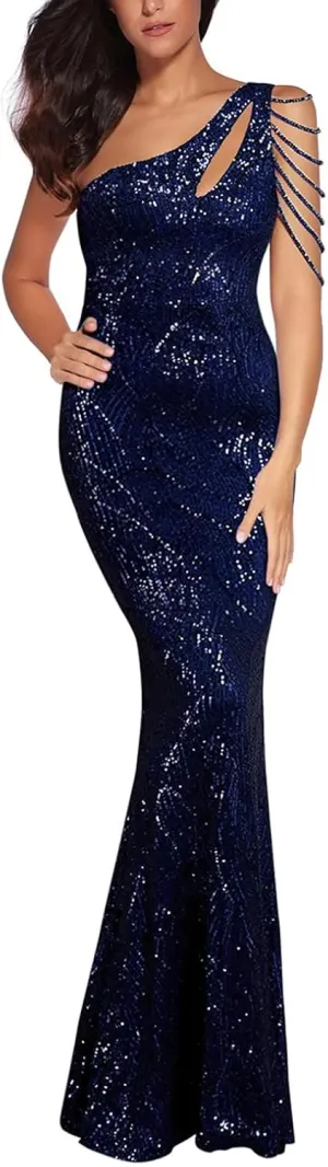 Women One Shoulder 1920s Plus Size Formal Dress Tassels Sleeve Sequins Gatsby Maxi Evening Gown