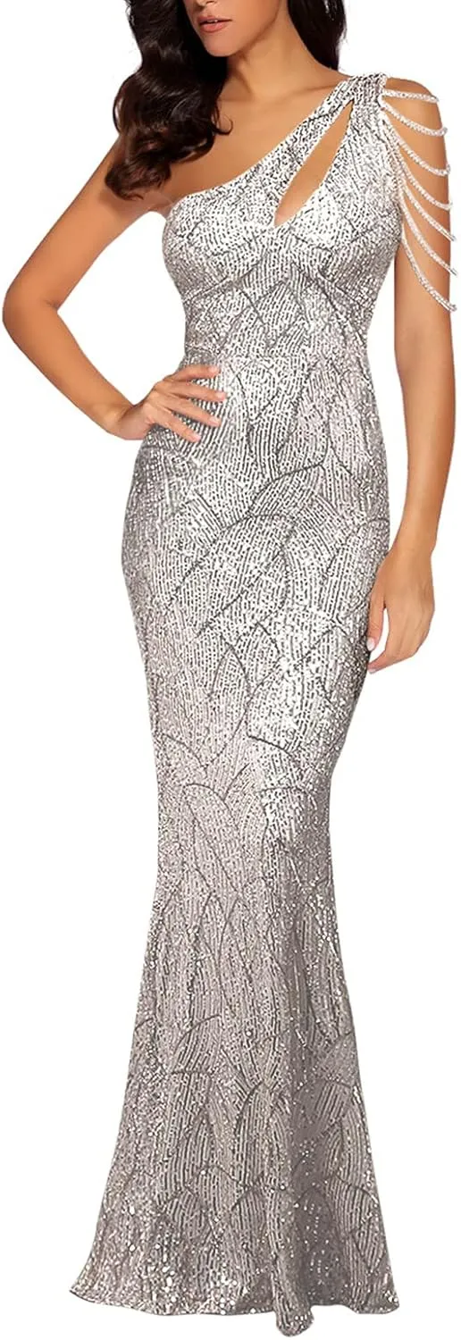 Women One Shoulder 1920s Plus Size Formal Dress Tassels Sleeve Sequins Gatsby Maxi Evening Gown