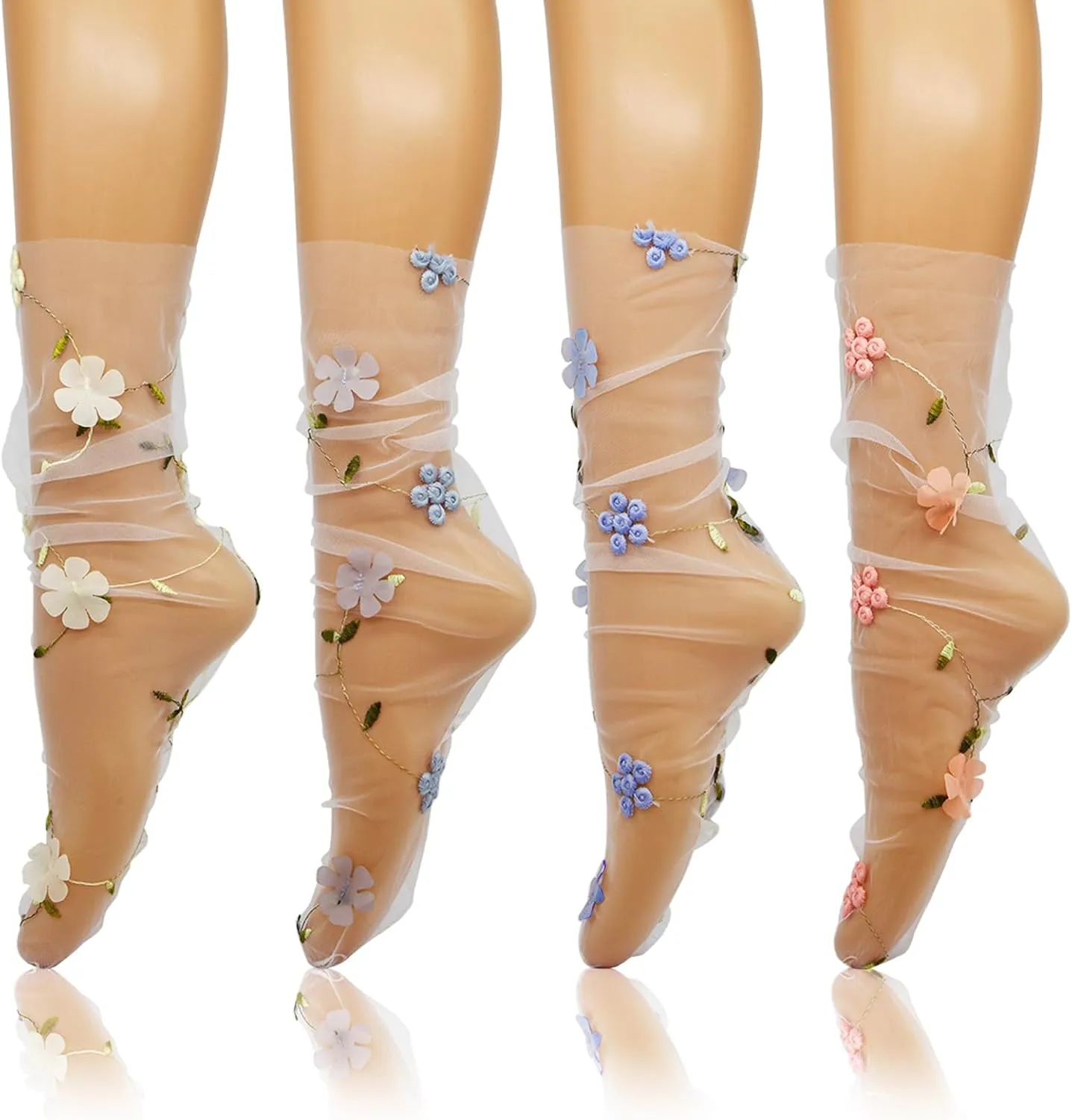 Women Sheer Lace Socks Floral Decorated Slouch Mesh Socks See Through Transparent Tulle Socks for Girls 4 Pairs, 4.5-7.5