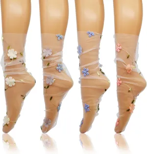 Women Sheer Lace Socks Floral Decorated Slouch Mesh Socks See Through Transparent Tulle Socks for Girls 4 Pairs, 4.5-7.5