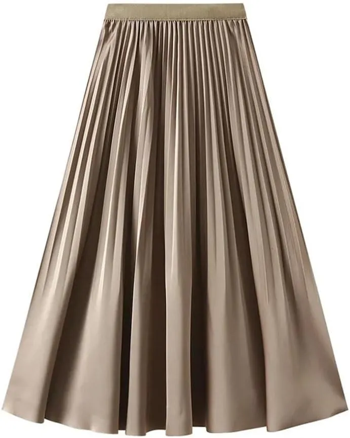 Women Spring Summer High Waisted Satin Pleated Midi Long Skirt Korean Style Elegant Loose Skirts