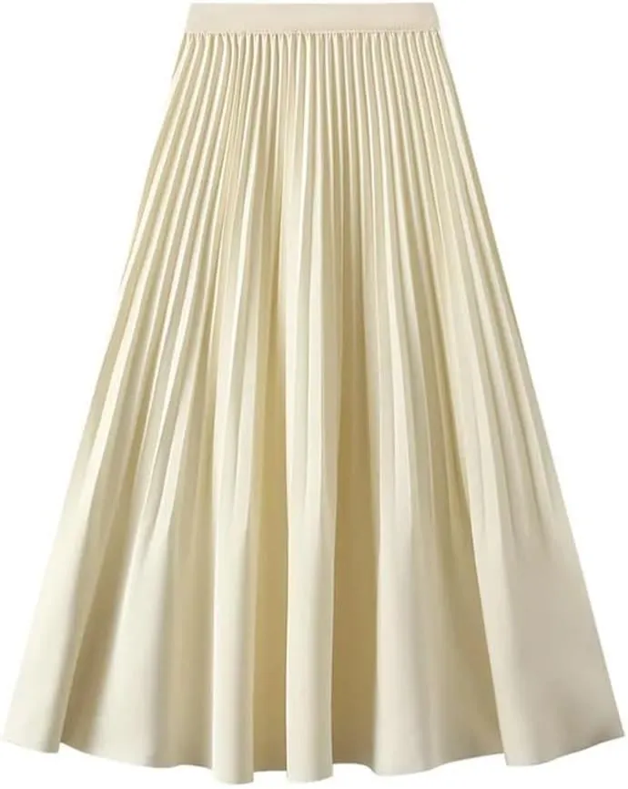 Women Spring Summer High Waisted Satin Pleated Midi Long Skirt Korean Style Elegant Loose Skirts