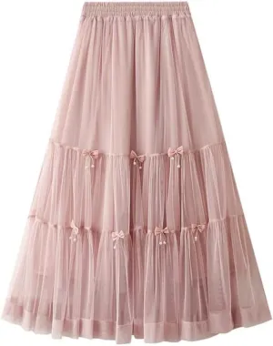 Women Summer Bow Tie Mesh Cake Skirt Korean Fashion Elegant High Waisted A Line Long Skirts