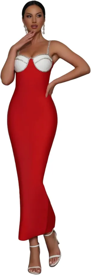 Women Summer Elegant Spaghetti Strap Diamonds Deco Long Elastic Bandage Dress Celebrity Evening Club Party Birthday Gowns