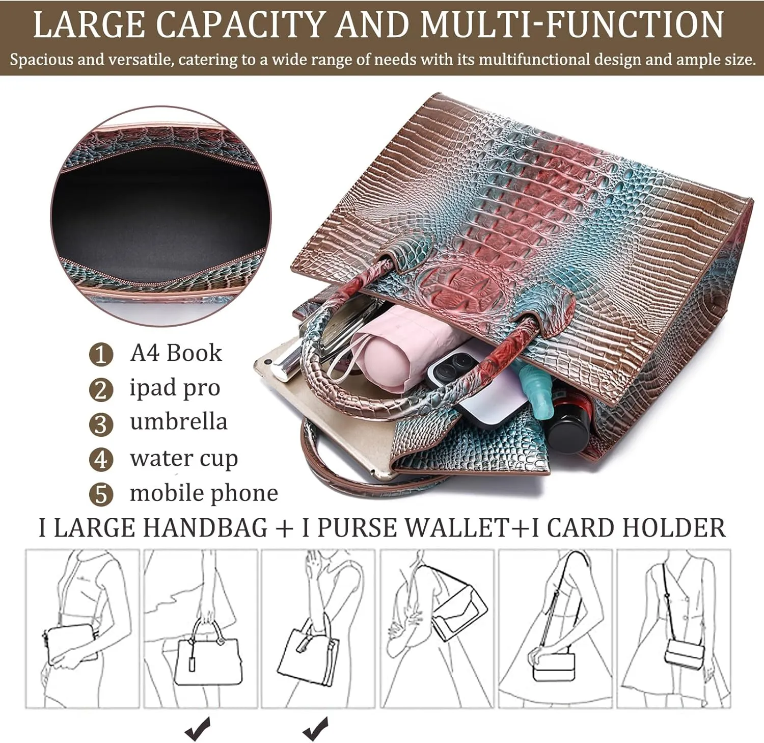 Women Top Handle Crossbody Bag Fashion Crocodile Print Handbag Shoulder Satchel