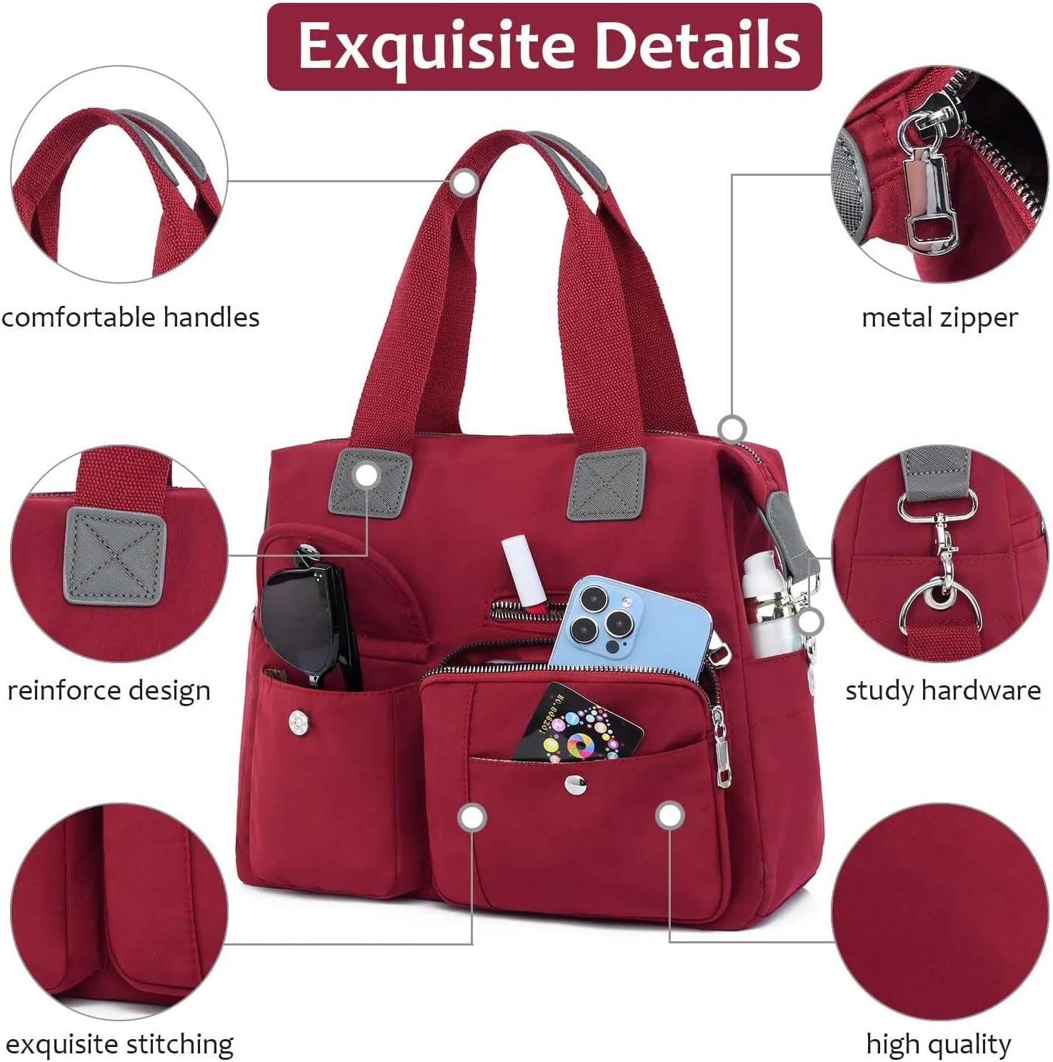Women Utility Tote Bag Teacher Purses and Handbags for Nurse Waterproof Nylon Multi Pocket Shoulder Bag Work Tote Bag