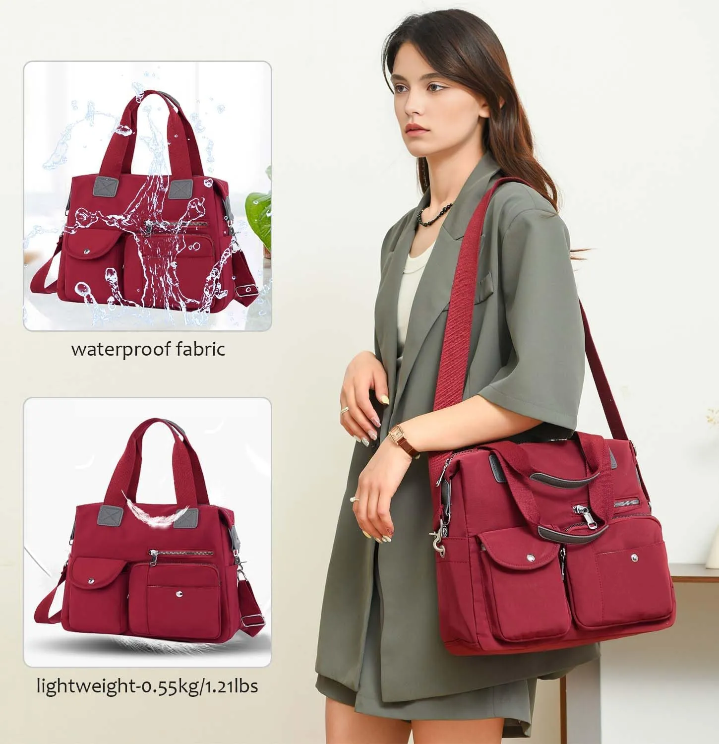 Women Utility Tote Bag Teacher Purses and Handbags for Nurse Waterproof Nylon Multi Pocket Shoulder Bag Work Tote Bag
