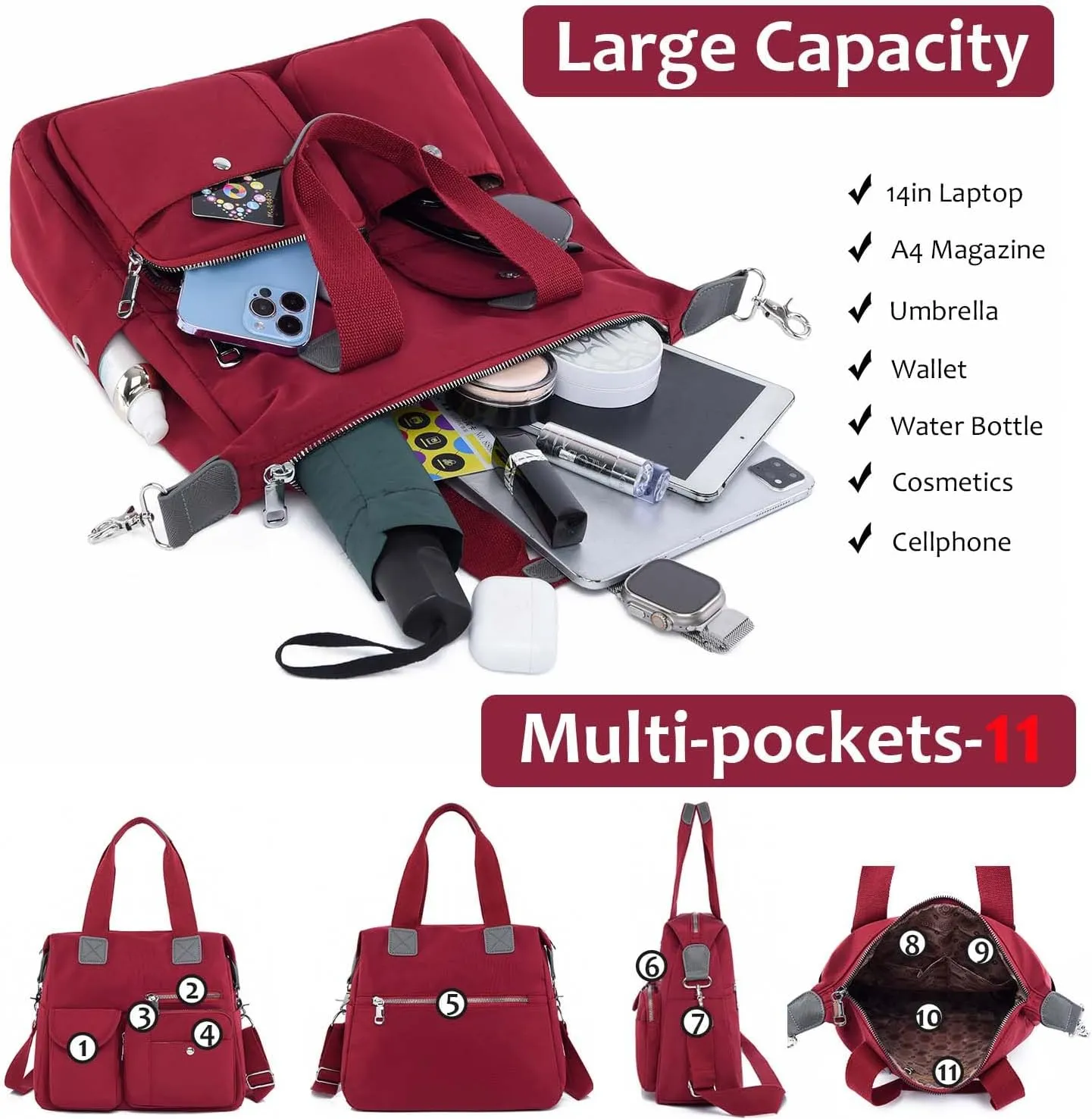 Women Utility Tote Bag Teacher Purses and Handbags for Nurse Waterproof Nylon Multi Pocket Shoulder Bag Work Tote Bag
