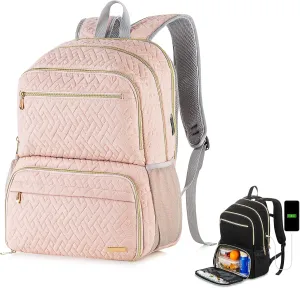 Women's 17 inch Laptop Backpack with USB Charging Port, Large Computer Backpack with Insulated Lunch Compartment, Pink