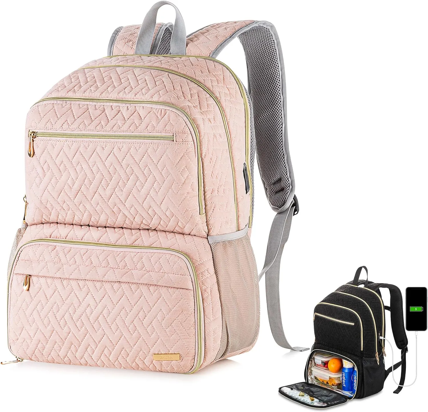 Women's 17 inch Laptop Backpack with USB Charging Port, Large Computer Backpack with Insulated Lunch Compartment, Pink