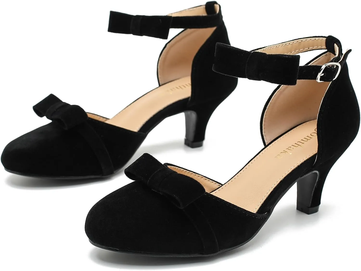 Womens Ankle Strap Bow Kitten Heels Dressy Shoes Comfortable Closed Toe Low Heel Formal Party Dance Prom Pumps