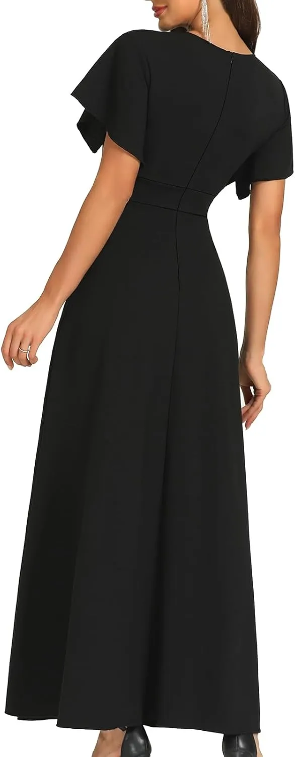 Women's Black Long Formal Dresses Cocktail Wedding Guest Dress Ruffle Split Elegant V Neck Party Gowns