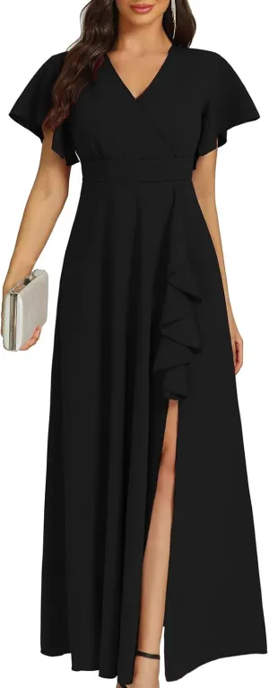 Women's Black Long Formal Dresses Cocktail Wedding Guest Dress Ruffle Split Elegant V Neck Party Gowns