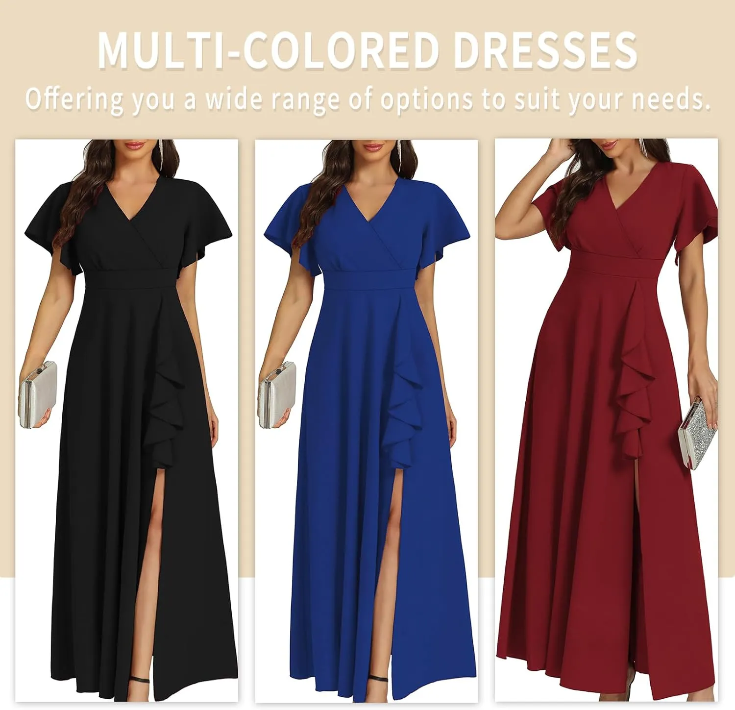 Women's Black Long Formal Dresses Cocktail Wedding Guest Dress Ruffle Split Elegant V Neck Party Gowns
