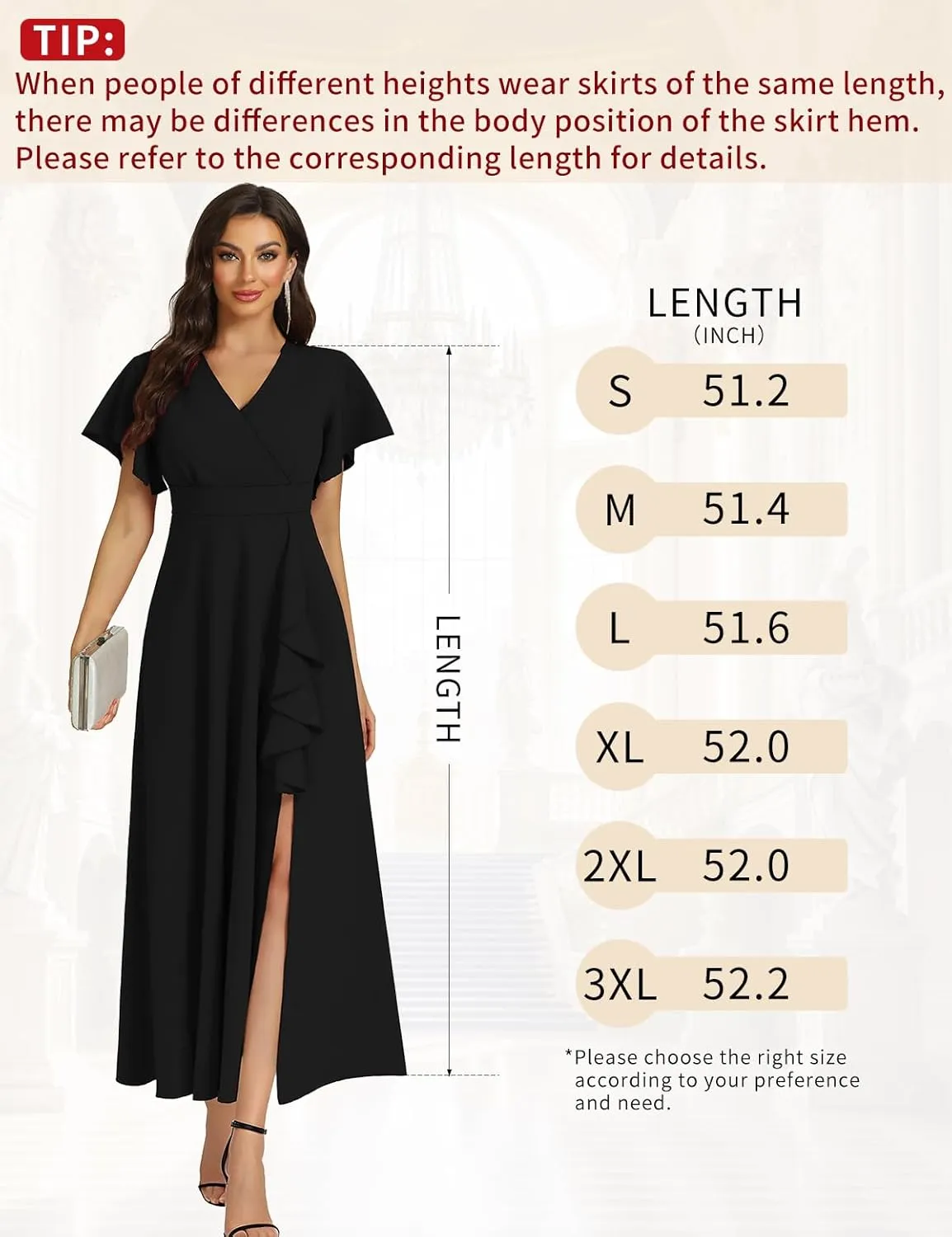 Women's Black Long Formal Dresses Cocktail Wedding Guest Dress Ruffle Split Elegant V Neck Party Gowns
