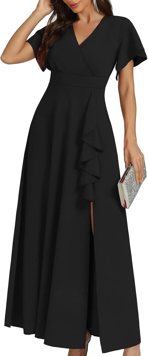 Women's Black Long Formal Dresses Cocktail Wedding Guest Dress Ruffle Split Elegant V Neck Party Gowns