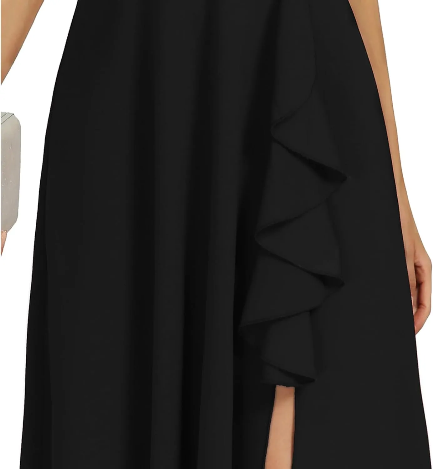 Women's Black Long Formal Dresses Cocktail Wedding Guest Dress Ruffle Split Elegant V Neck Party Gowns