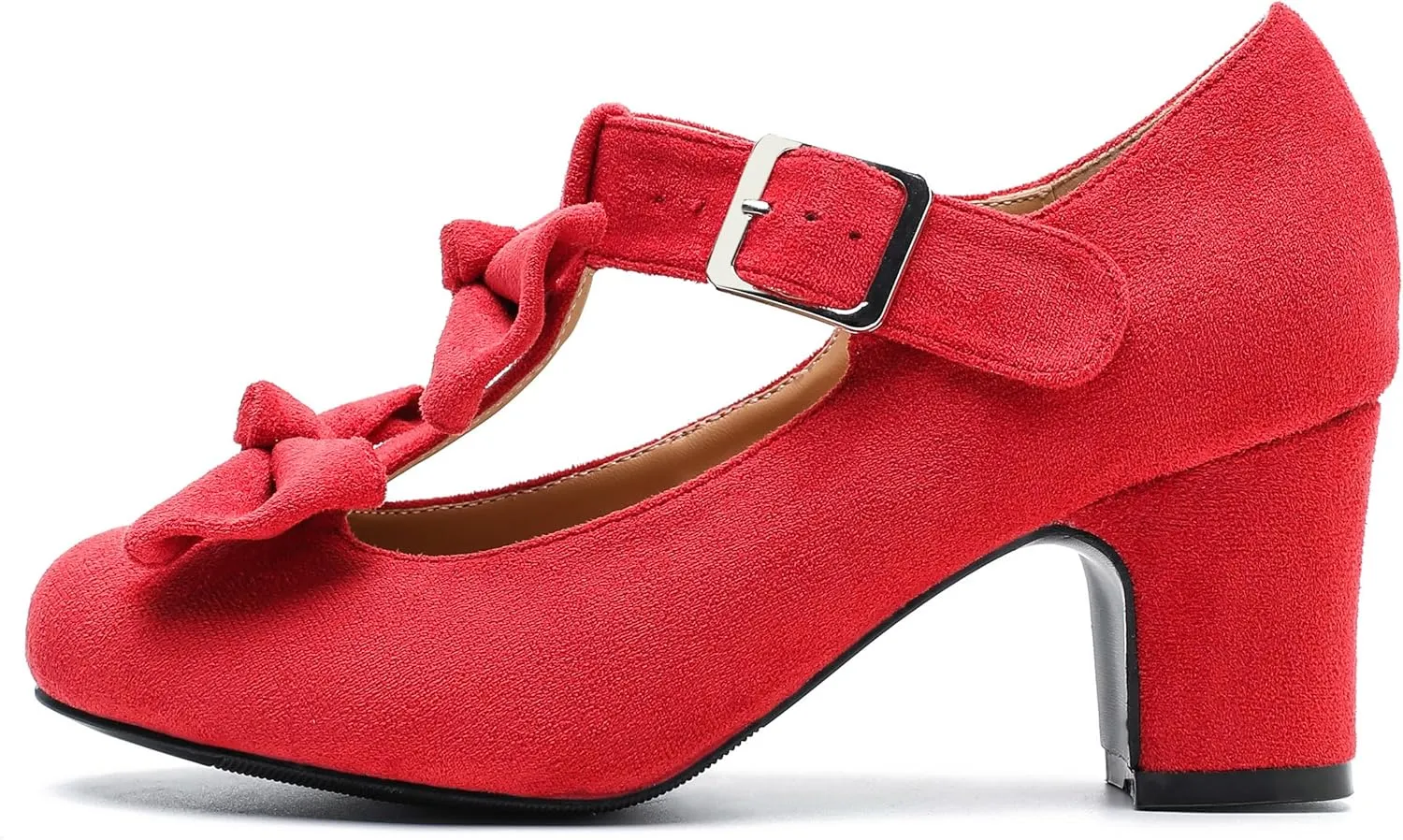 Women's Bow Heel Pumps Vintage T Strap Mary Jane Mid Chunky Heel Dress Shoes