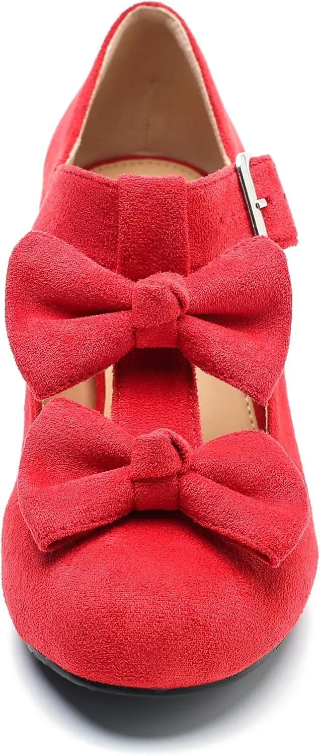Women's Bow Heel Pumps Vintage T Strap Mary Jane Mid Chunky Heel Dress Shoes