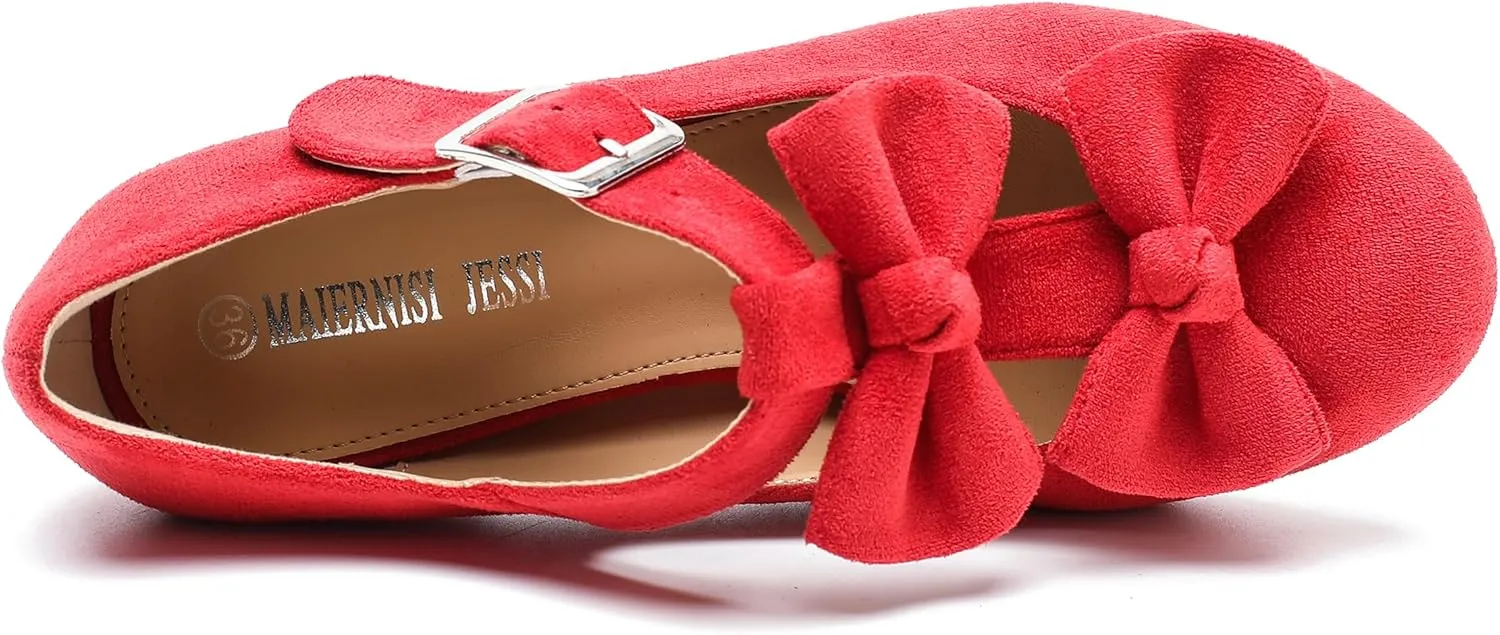 Women's Bow Heel Pumps Vintage T Strap Mary Jane Mid Chunky Heel Dress Shoes