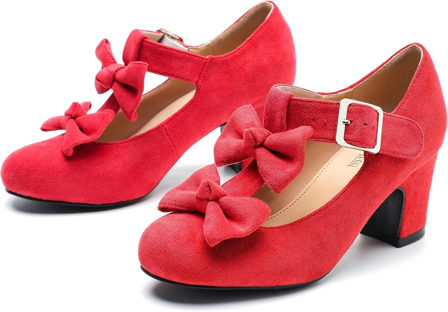 Women's Bow Heel Pumps Vintage T Strap Mary Jane Mid Chunky Heel Dress Shoes