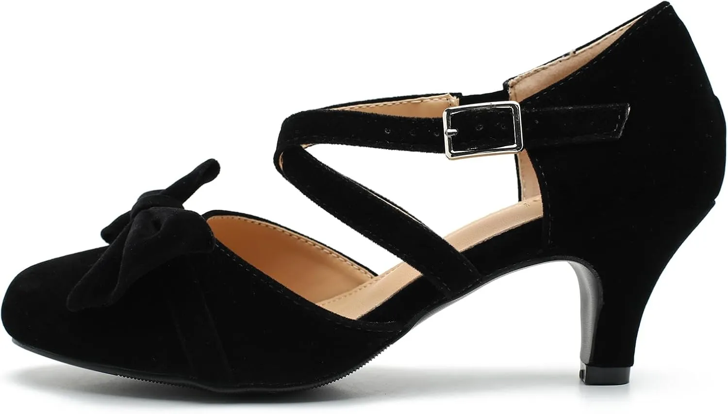 Womens Bow Mary Janes Low Kitten Heels Closed Toe Cross Ankle Strap Dress Shoes Comfortable Vintage Wedding Pumps Dress Shoes