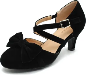 Womens Bow Mary Janes Low Kitten Heels Closed Toe Cross Ankle Strap Dress Shoes Comfortable Vintage Wedding Pumps Dress Shoes