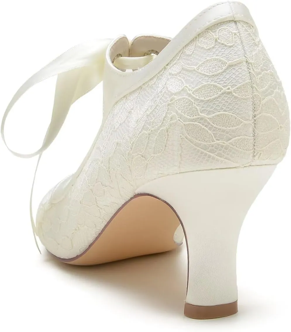 Women's Bridal Wedding Heels - Satin Stiletto Pumps with Lace & Ribbon Tie, Closed Toe Elegant Shoes for Bride, Bridesmaid Ceremony & Reception