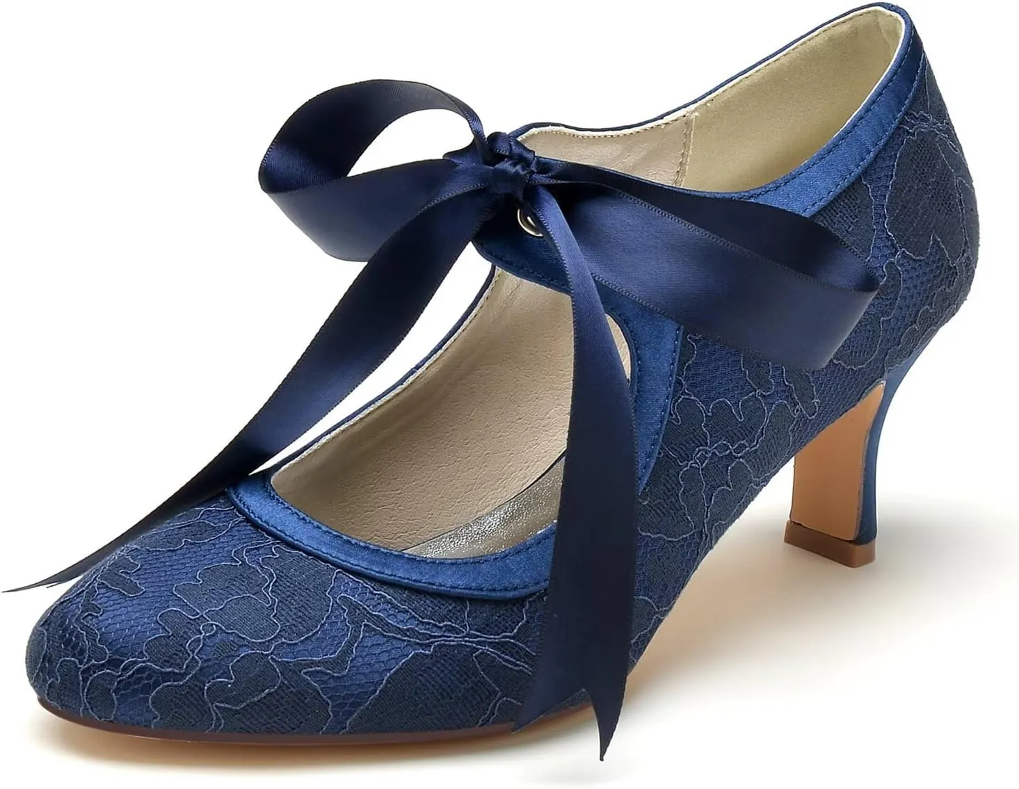Women's Bridal Wedding Heels - Satin Stiletto Pumps with Lace & Ribbon Tie, Closed Toe Elegant Shoes for Bride, Bridesmaid Ceremony & Reception