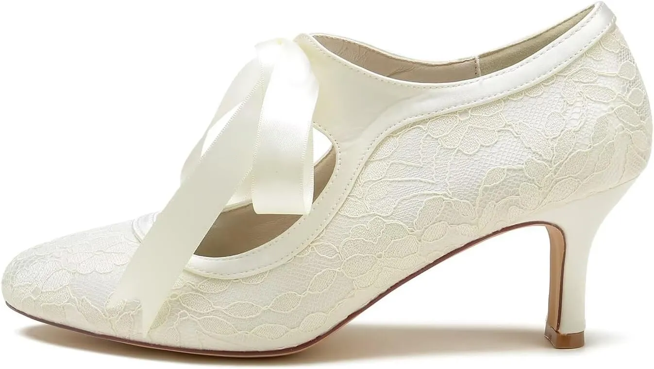 Women's Bridal Wedding Heels - Satin Stiletto Pumps with Lace & Ribbon Tie, Closed Toe Elegant Shoes for Bride, Bridesmaid Ceremony & Reception