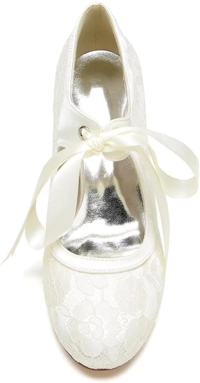 Women's Bridal Wedding Heels - Satin Stiletto Pumps with Lace & Ribbon Tie, Closed Toe Elegant Shoes for Bride, Bridesmaid Ceremony & Reception