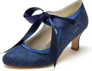 Women's Bridal Wedding Heels - Satin Stiletto Pumps with Lace & Ribbon Tie, Closed Toe Elegant Shoes for Bride, Bridesmaid Ceremony & Reception